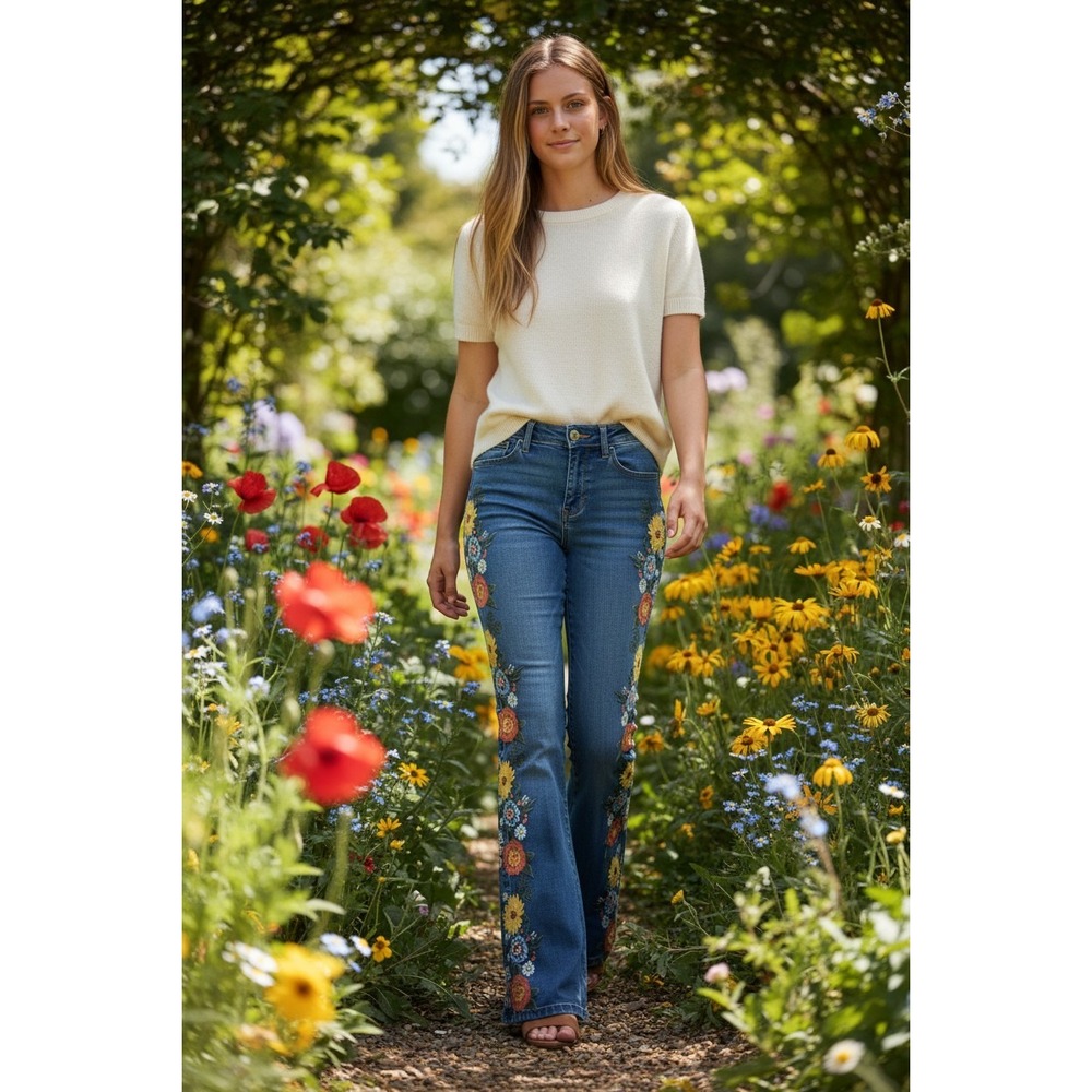Ashley Mason Premium Floral Embroidered Flare Jeans Blue Denim Womens Size 0/24